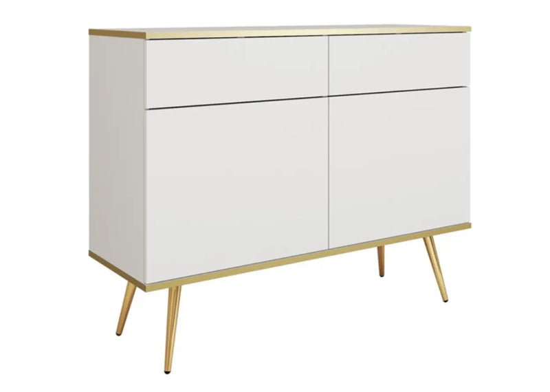Biała komoda z szufladami i półkami ze złotymi akcentami!