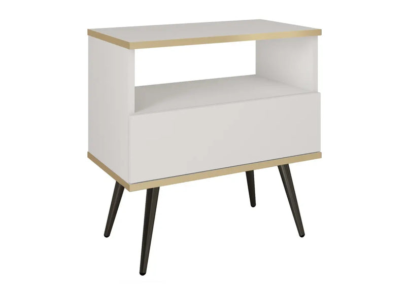 Biały stolik nocny z szufladą i na czarnych nogach