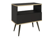 Czarny stolik nocny z szufladą na czarnych nogach ze złotymi dodatkami 