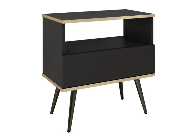 Czarny stolik nocny z szufladą na czarnych nogach ze złotymi dodatkami 