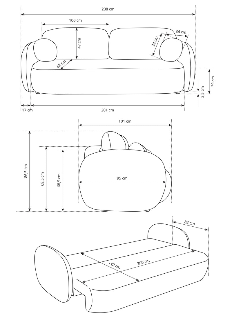Szkic wymiarów sofy Ottio