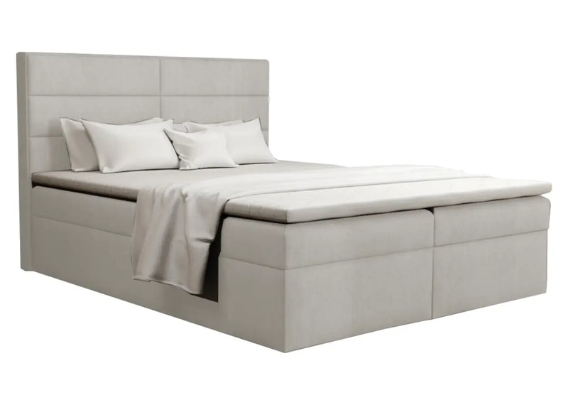 Jasno szare łózko kontynentalne z topperem i panelowym wezgłowiem!