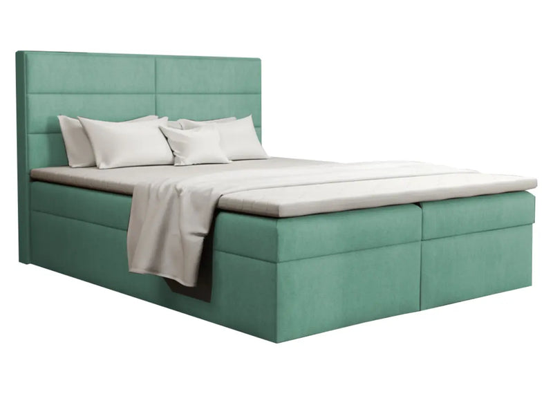 Pistacjowe łózko kontynentalne z topperem i panelowym wezgłowiem!