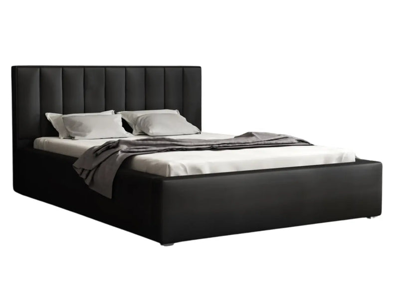 Czarne łózko tapicerowane z pojemnikiem 