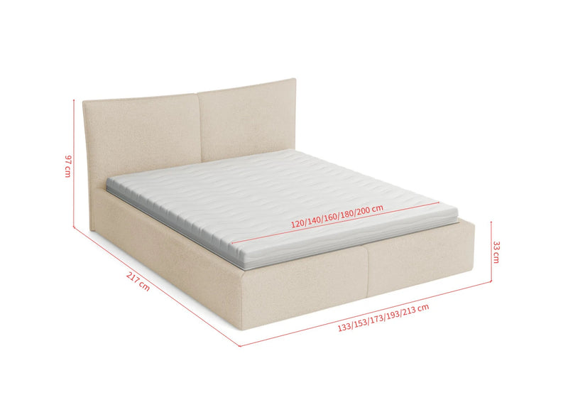 Łóżko w kolorze beżowym do sypialni Poema z wymiarami