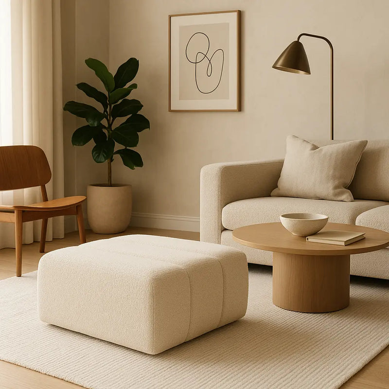 Modny salon z pufą Bali w kolorze beżowym