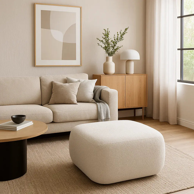 Modny salon z pufą Ottio w kolorze kremowym