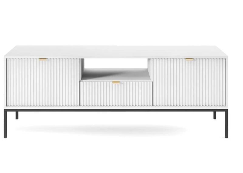 Biała szafka z szufladą i półką na czarnych nóżkach