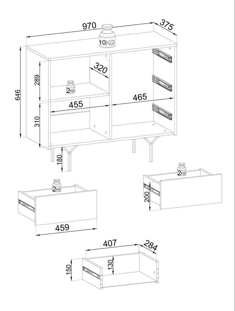Wymiary komody Rhea C.KSZ97 z oznaczeniem przestrzeni do przechowywania