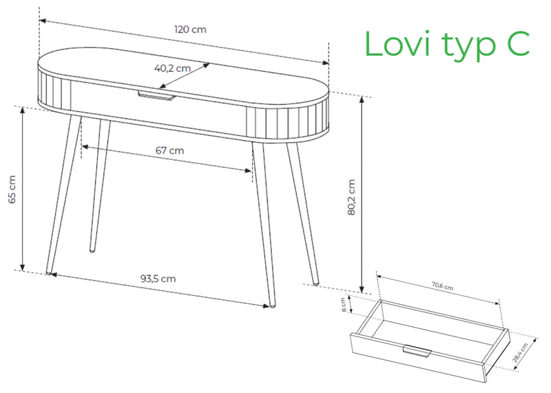 Rysunek techniczny toaletki LOVI typ C z wymiarami szerokości, wysokości i głębokości.