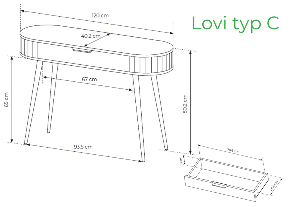Rysunek techniczny toaletki LOVI typ C z wymiarami szerokości, wysokości i głębokości.
