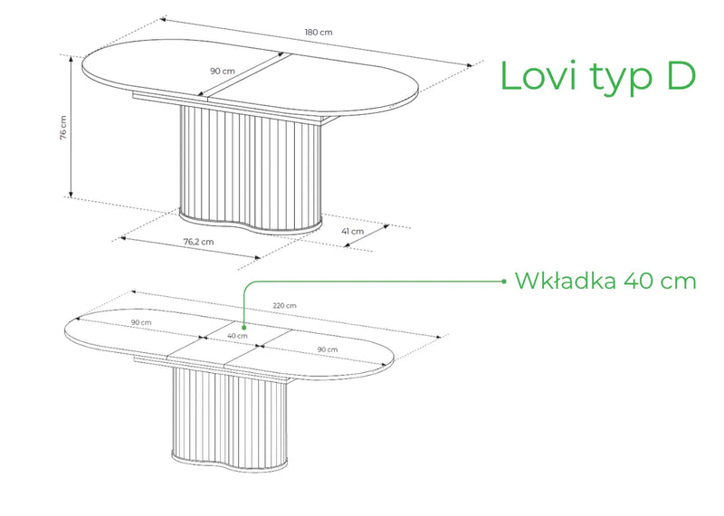 Rysunek techniczny stołu Lovi wraz z wymiarami