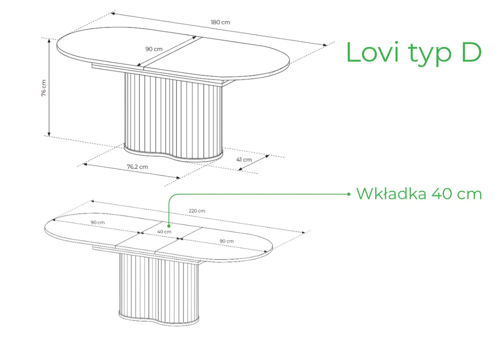 Rysunek techniczny stołu Lovi wraz z wymiarami