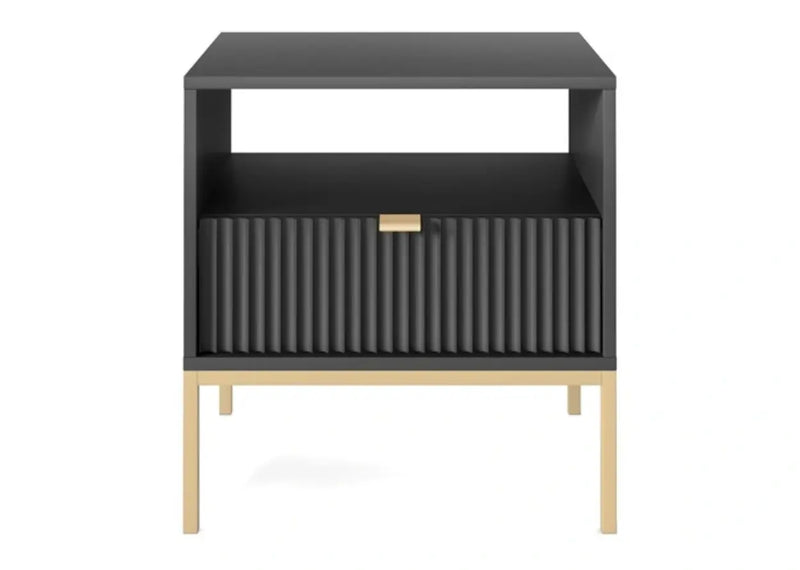 Elegancka, czarna szafka nocna ze złotymi dodatkami