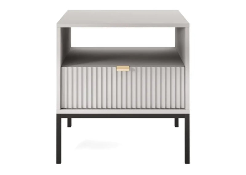 Szara szafka nocna z szufladą na czarnych nogach