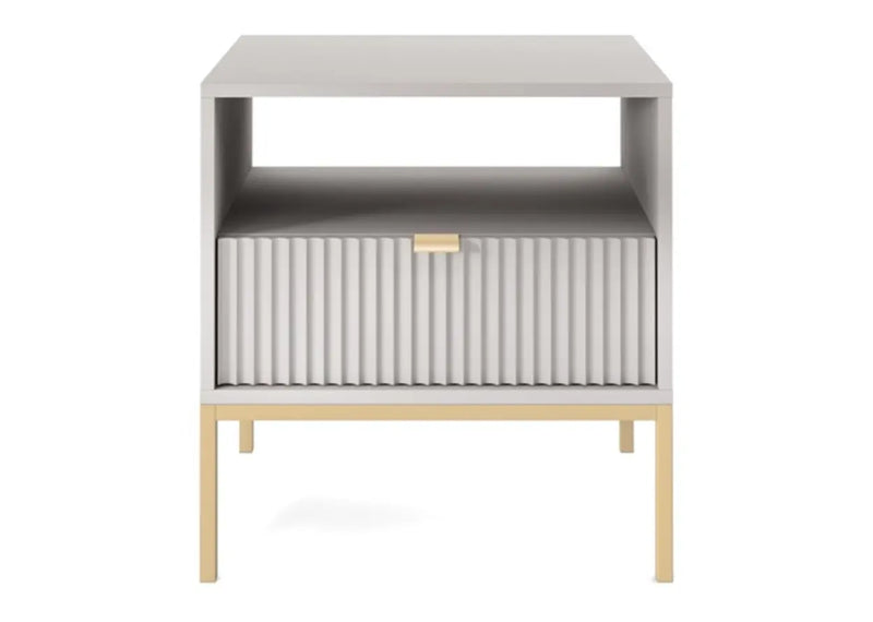 Szara szafka nocna z szufladą i złotymi dodatkami