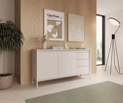 Komoda z szufladami i półkami Skye w kolorze beżowym na tele modnej ścianki