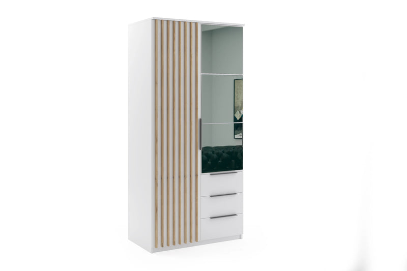 Mała szafa z lamelami i drzwiami uchylnymi w kolorze białym Soretto