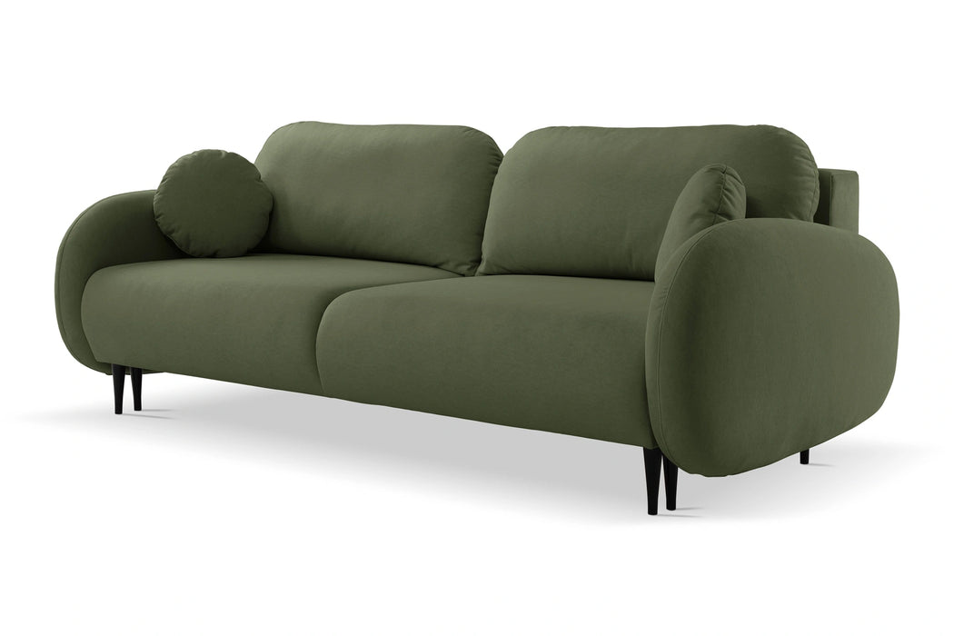 Zielona sofa z dzielonym siedziskiem i funkcją spania