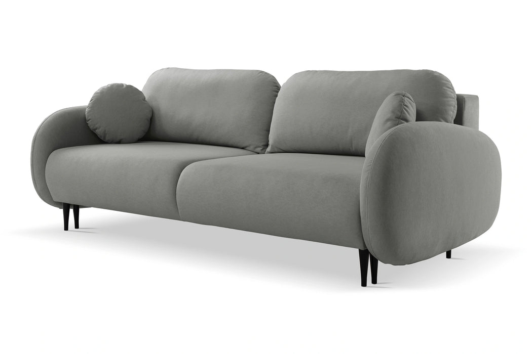 Szara sofa z dzielonym siedziskiem i ściąganymi poduszkami