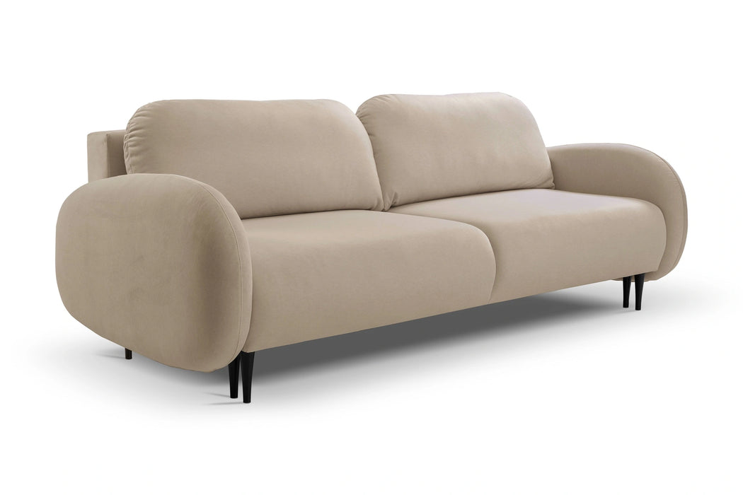 Sofa w kolorze beżowym z funkcją spania i pojemnikiem