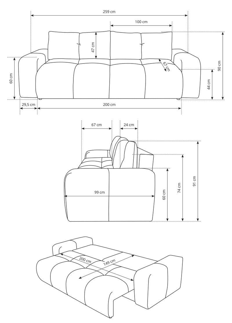 Szkic wymiarów sofy siro