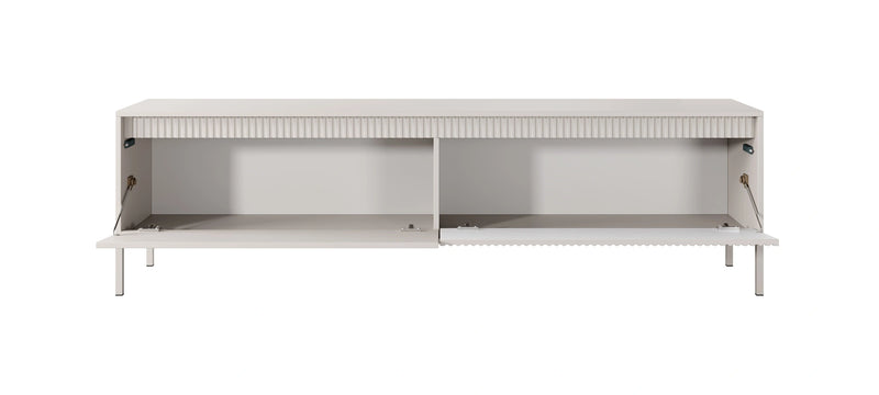 Duża szafka rtv w kolorze beżowym z otwartymi szafkami