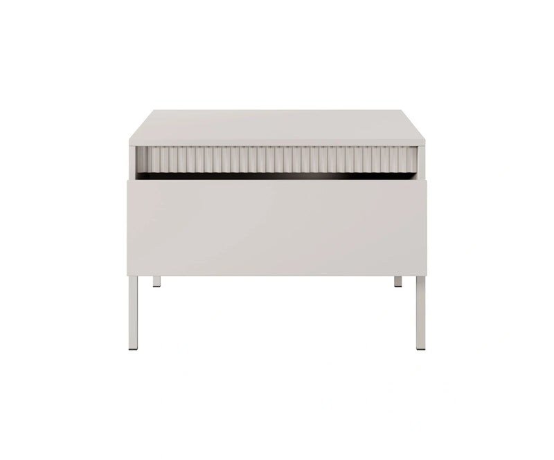 Beżowy stolik kawowy do modnych wnętrz z otwartą szufladą