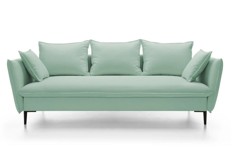 Miętowa sofa od frontu na metalowych nogach
