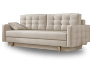 Beżowa sofa do salonu z drewnianymi nóżkami, pojemnikiem i funkcją spania!