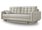 Kremowa sofa do salonu z funkcją spania i pojemnikiem na pościel