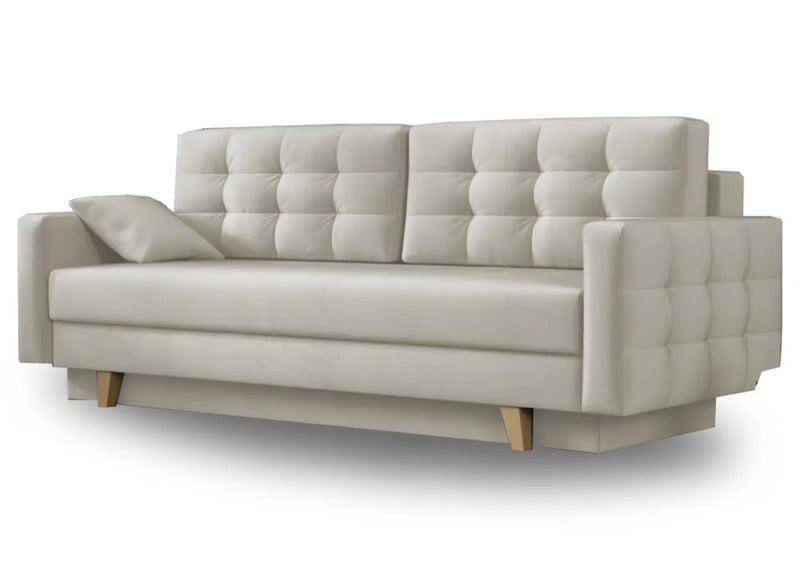 Kremowa sofa do salonu z funkcją spania i pojemnikiem na pościel