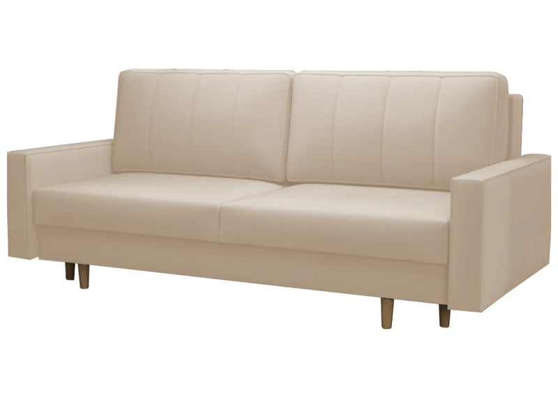 Beżowa sofa z funkcją spania i pojemnikiem na pościel