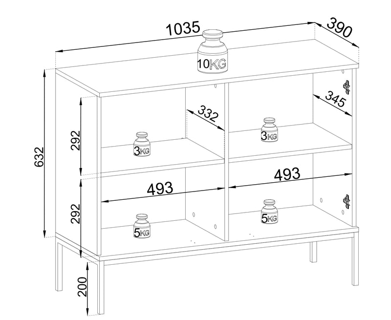 Rysunek techniczny komody Solar MW.DC104 z dokładnymi wymiarami i maksymalnymi obciążeniami półek.