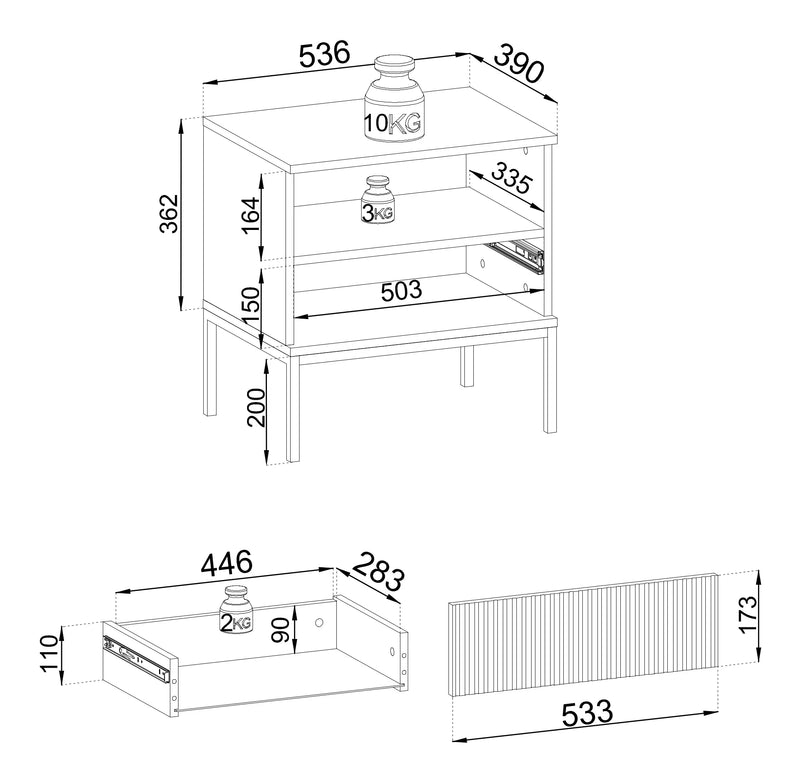 Rysunek techniczny stolika nocnego Solar S.CD54