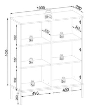Rysunek techniczny witryny Solar M.DC104 z dokładnymi wymiarami i maksymalnymi obciążeniami półek.