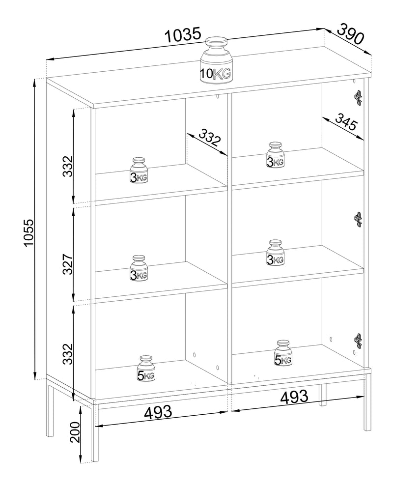 Rysunek techniczny witryny Solar M.DC104 z dokładnymi wymiarami i maksymalnymi obciążeniami półek.