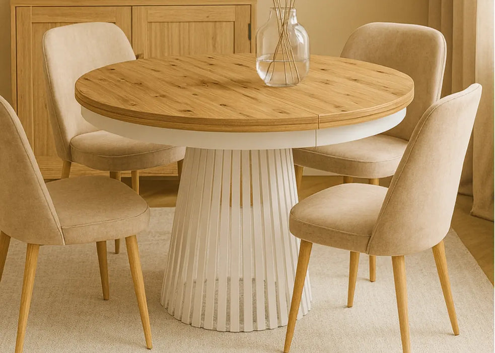 Modny stol garda z blatem artisan i biala noga w nowoczesnym salonie