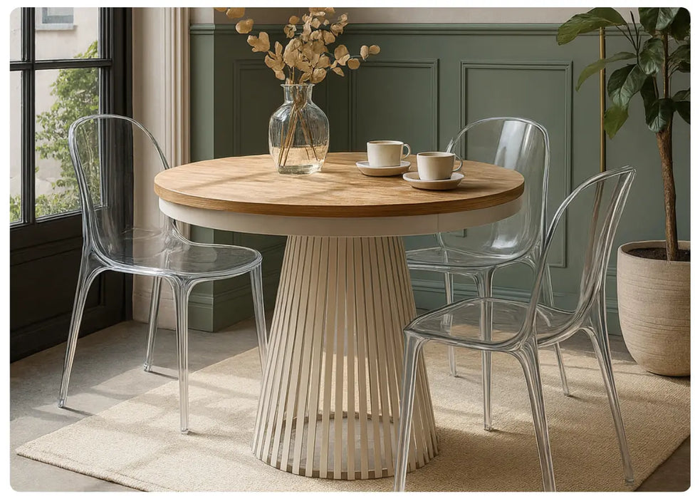 Stół Garda z kaszmirową noga i blatem craft złoty w nowoczesnej aranzacji