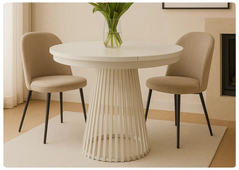 Stół Garda z białym blatem i kaszmirową nogą w modnej aranżacji