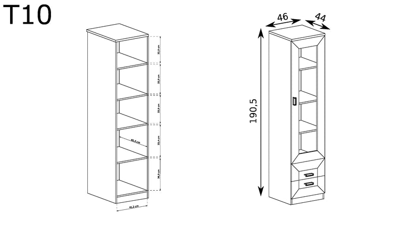 Wąska witryna do salonu z pólkami i szufladami. Styl angielski z wymiarami.