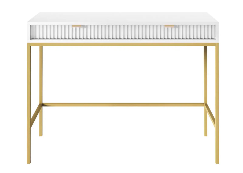 Biała toaletka z szufladami na złotych nogach