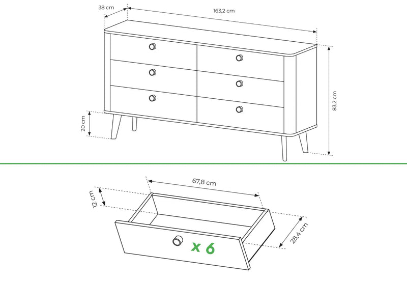 Szeroka komoda z 6 szufladami Viano C z wymiarami