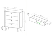 Komoda Viano B z czteroma szufladami przedstawiającymi wymiary