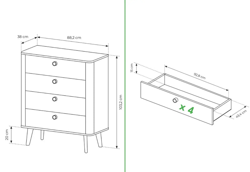 Komoda Viano B z czteroma szufladami przedstawiającymi wymiary