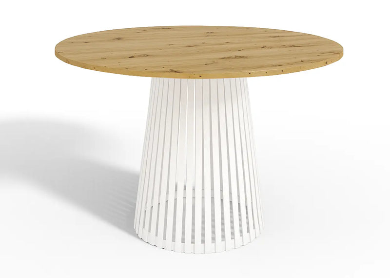 Okrągły stół z białą podstawą i blatem artisan