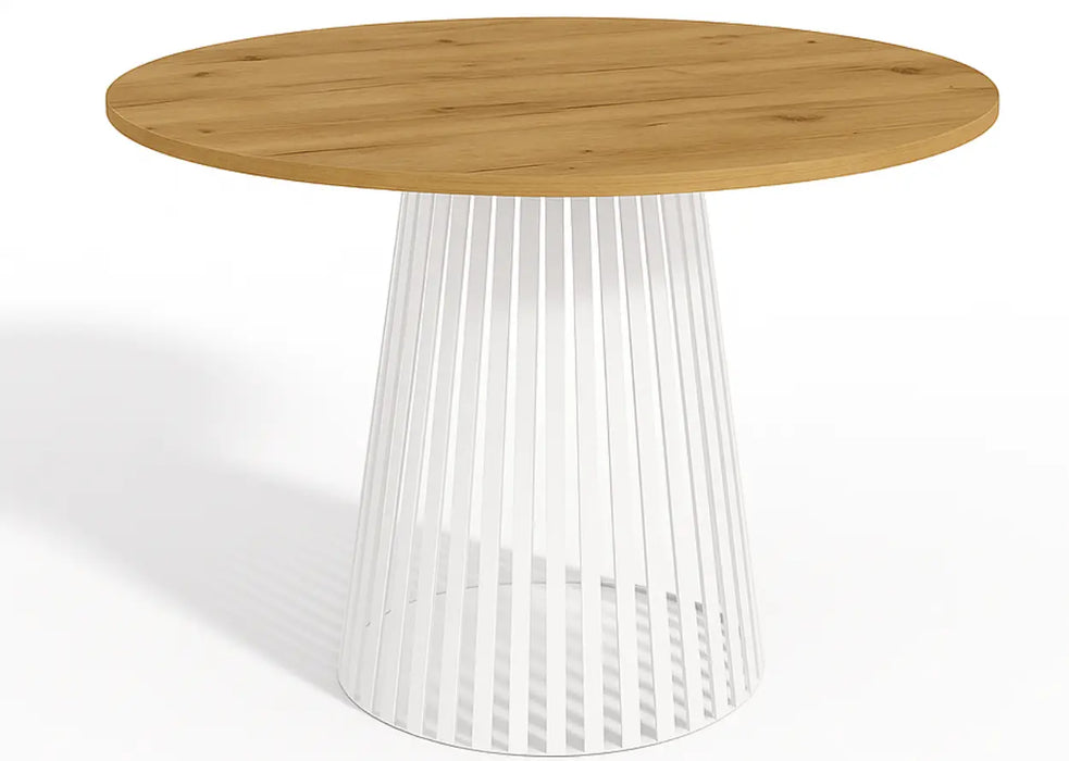Stół okrągły Viero z białą lamelową nogą – blat laminowany w wielu kolorach