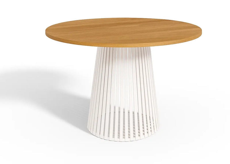 Nowoczesny stół z białą lamelową nogą i blatem hikora