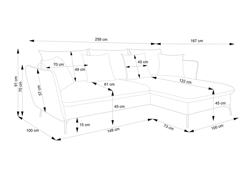 Narożnik z funkcją spania Vivien z wymiarami.