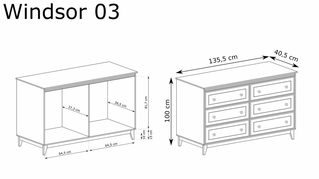 Komoda Windsor 03 kaszmir+dąb 135 cm z wymiarami. Heydoo.pl
